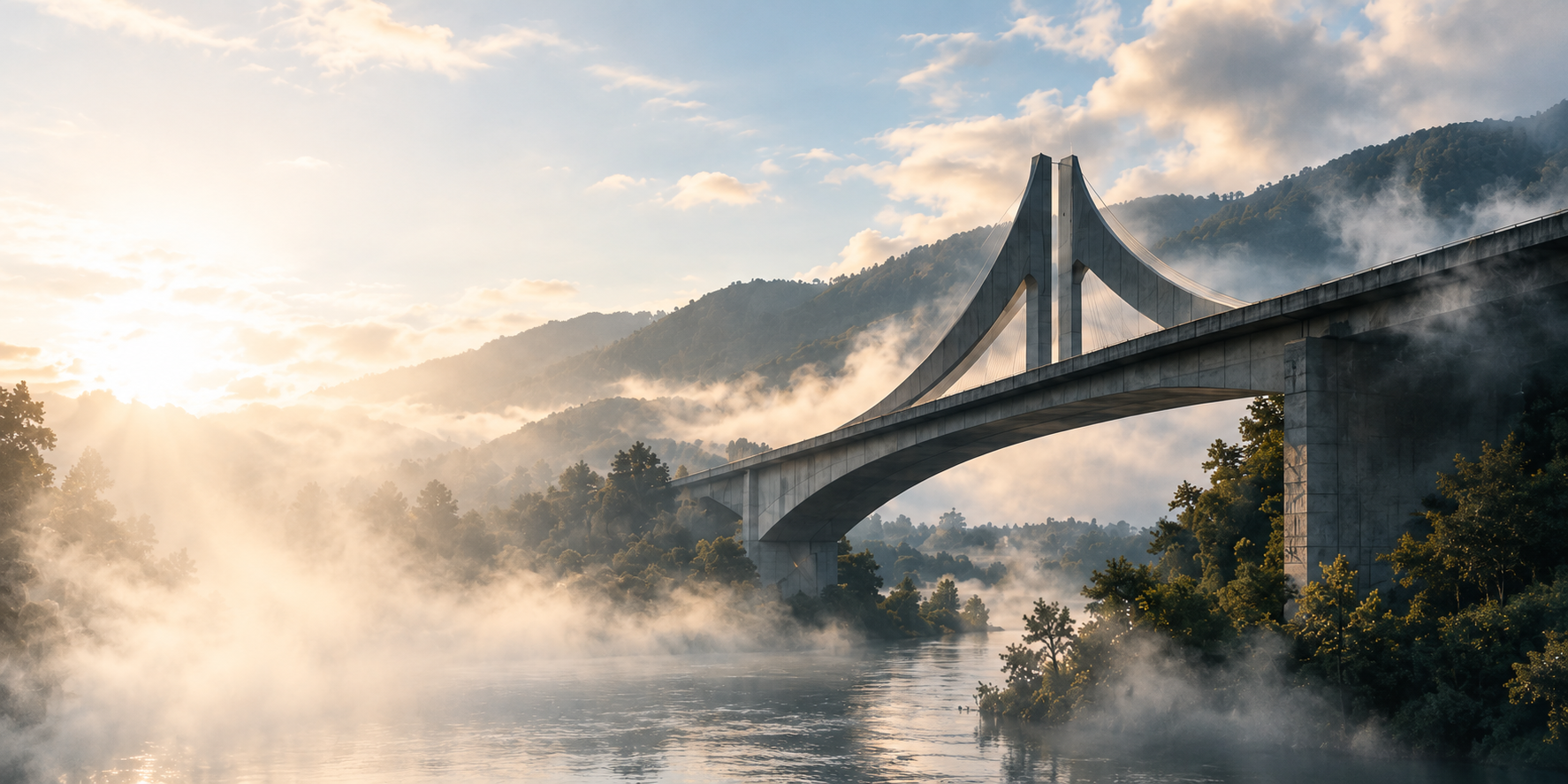 A suspension bridge over a misty river in forested mountains